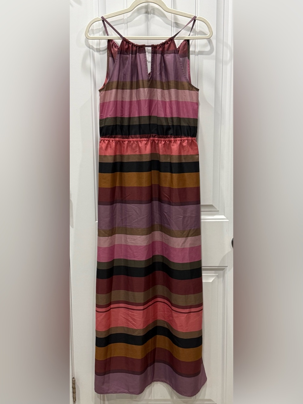LOFT Women’s Petite 100% Polyester Size MP Striped Maxi Dress w Side Slits EUC
